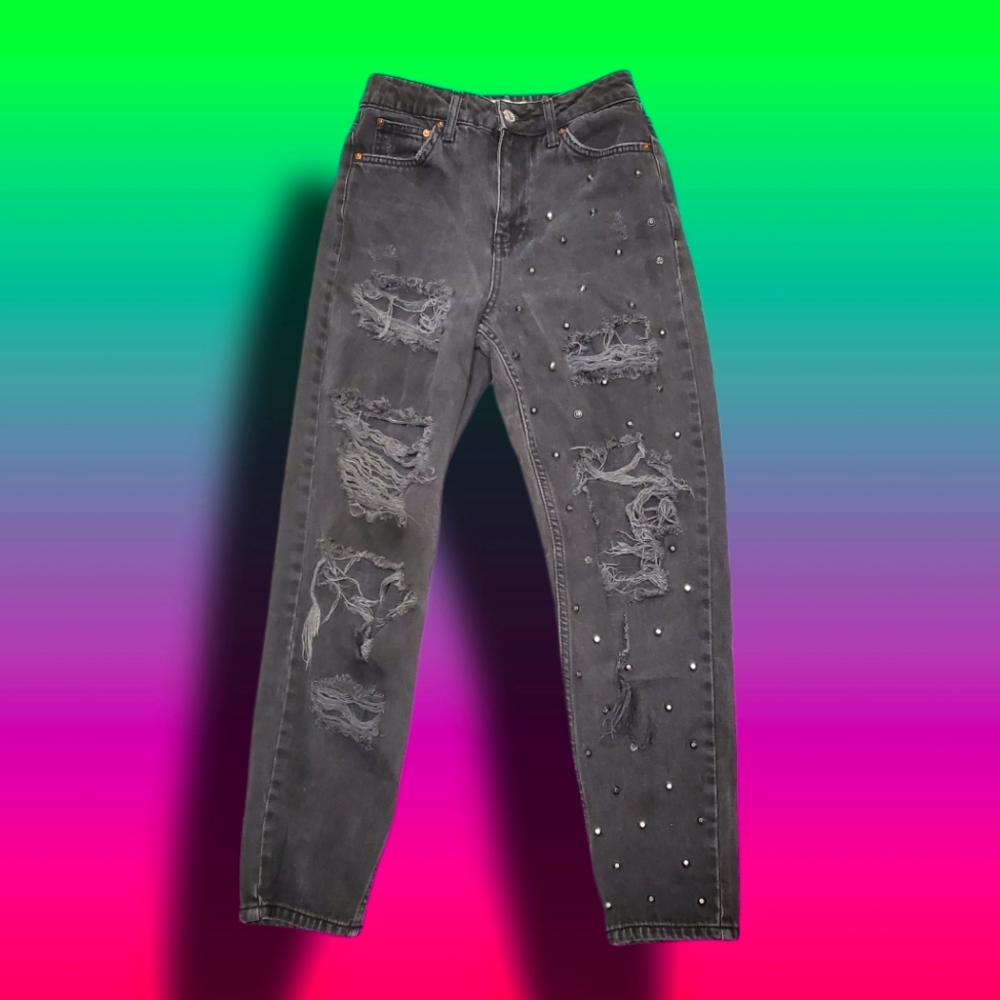 TOPSHOP *Moto Mom Distressed & Embellished High Rise Thrasher Jeans 26
